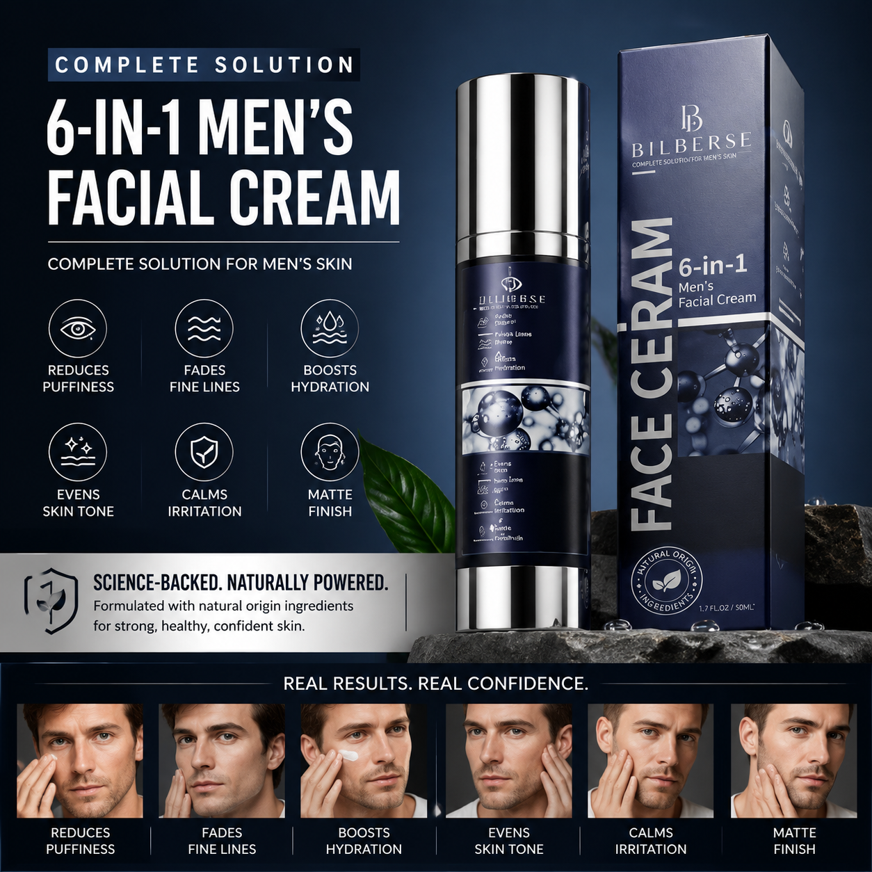 BILBERSE 6-in-1 Men’s Face Moisturizer, Hydrating Anti-Aging Facial Cream for Dry, Tired-Looking Skin, Helps Smooth Fine Lines, Reduce the Look of Puffiness & Even Skin Tone, Non-Greasy Matte Finish, 1.7 Fl Oz