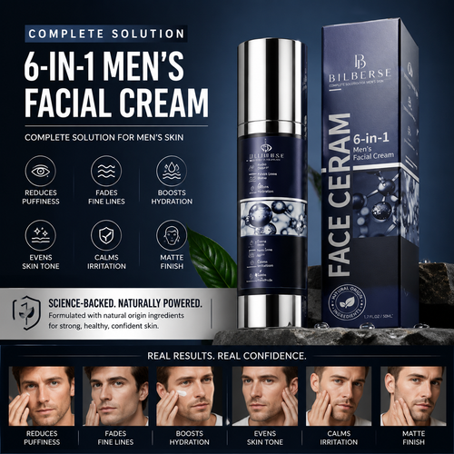 BILBERSE 6-in-1 Men’s Face Moisturizer, Hydrating Anti-Aging Facial Cream for Dry, Tired-Looking Skin, Helps Smooth Fine Lines, Reduce the Look of Puffiness & Even Skin Tone, Non-Greasy Matte Finish, 1.7 Fl Oz