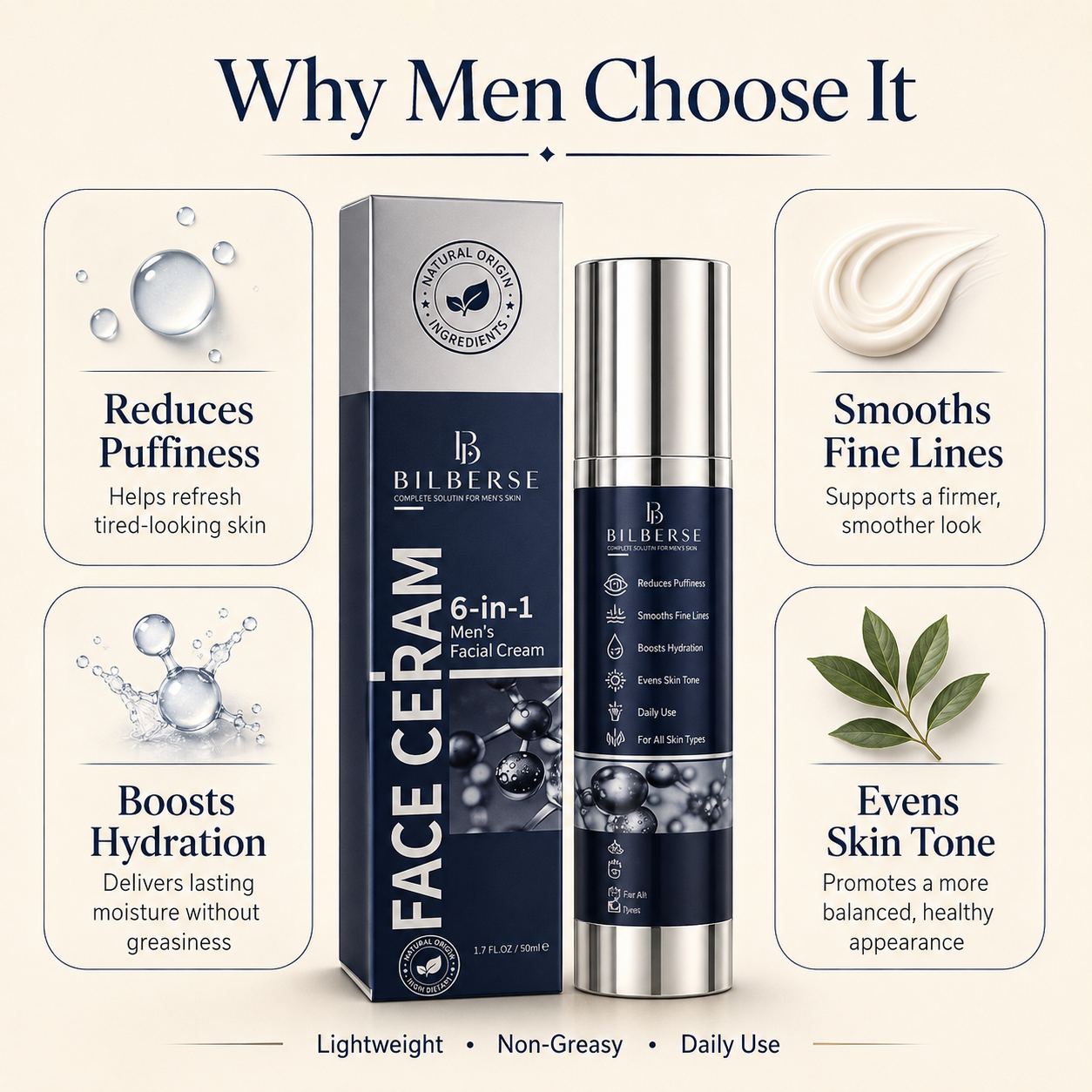 BILBERSE 6-in-1 Men’s Face Moisturizer, Hydrating Anti-Aging Facial Cream for Dry, Tired-Looking Skin, Helps Smooth Fine Lines, Reduce the Look of Puffiness & Even Skin Tone, Non-Greasy Matte Finish, 1.7 Fl Oz